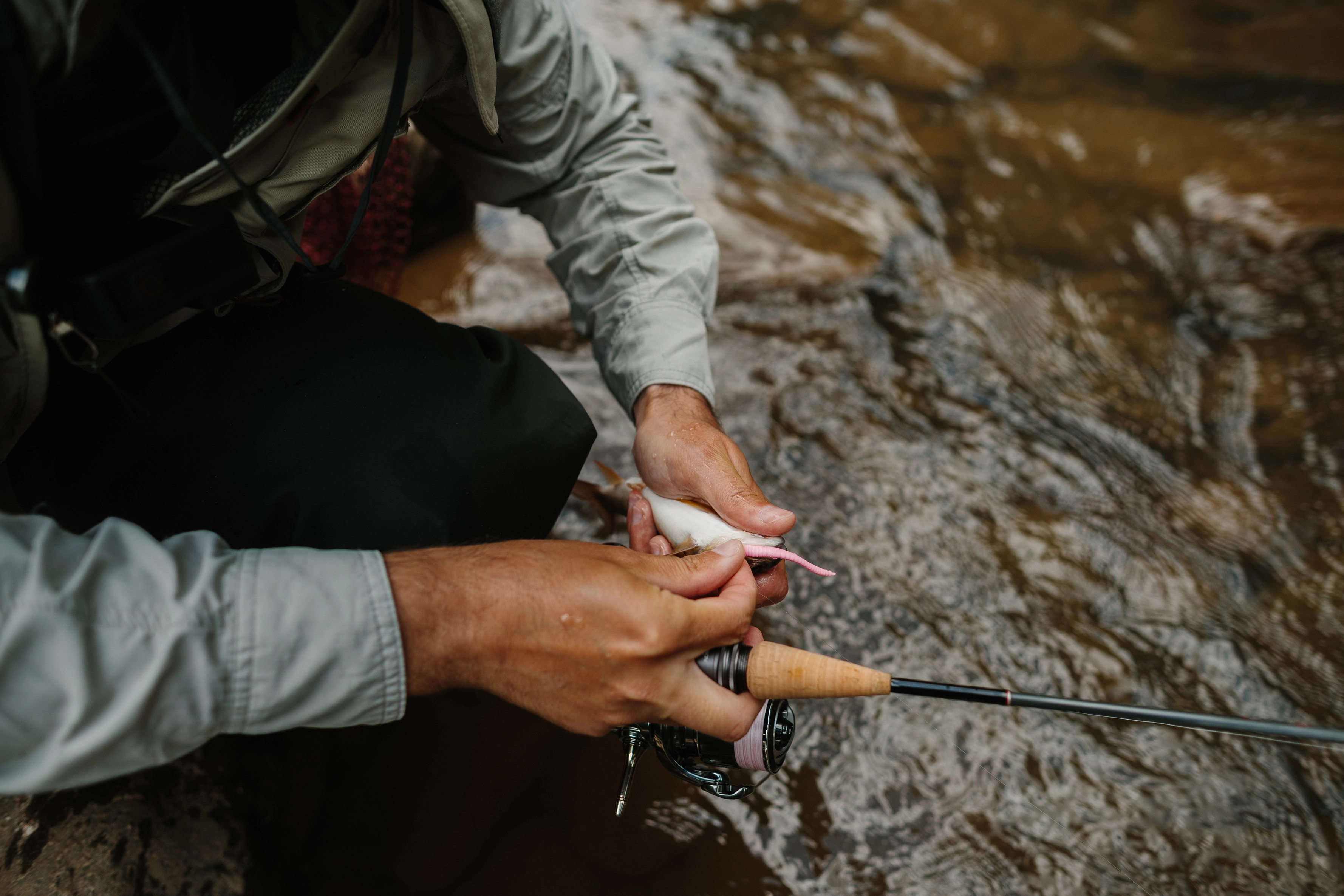 A fly fisher holds a smallmouth bass in a river, carefully removing a pink worm-like lure from its mouth.